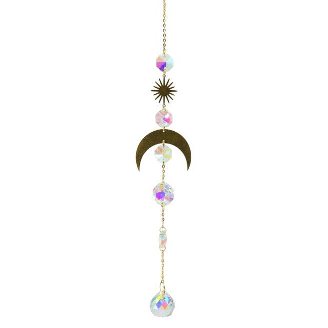 Metallic Hoop Moon Sun Catcher Hanging Crystal Pendant Chandelier Lamps Light Crystals Glass Pendants Light Rainbow Maker Wind Chime Hanging Drop Gift of Good Luck Garden Decor Hanging Ornament For Home Decoration