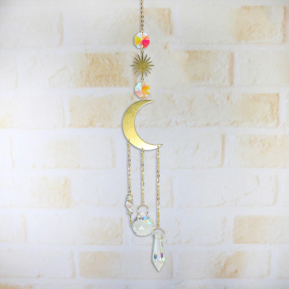 Metallic Hoop Moon Sun Wind Chimes Crystals Sun-catcher Ornament With Chakra Energy K9 Crystal Ball Prisms Hanging Rainbow Chaser Window Curtains Pendant Home Decor Gifts