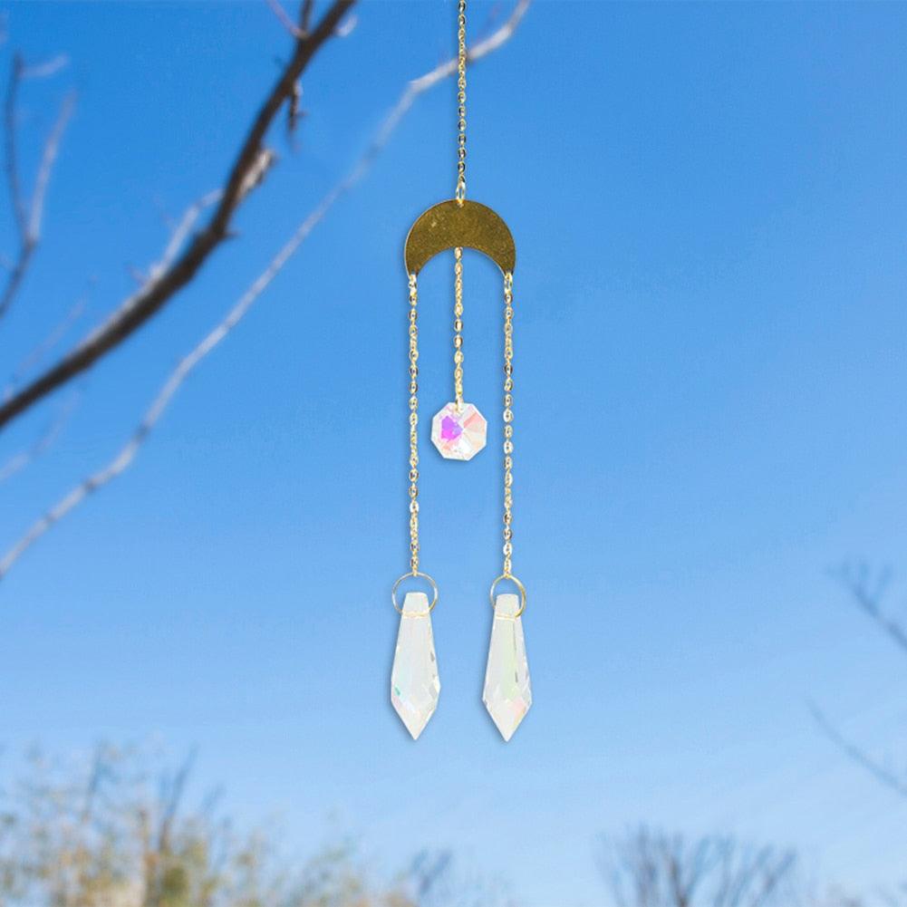 Metallic Hoop Moon Sun Wind Chimes Crystals Sun-catcher Ornament With Chakra Energy K9 Crystal Ball Prisms Hanging Rainbow Chaser Window Curtains Pendant Home Decor Gifts