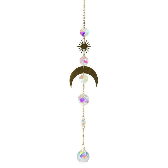 Metallic Hoop Moon Sun Wind Chimes K9 Crystal Prisms Hanging Sun-catcher Rainbow Chaser Window Curtains Pendant Home Decor Gifts For Wall Hanging Decor Room Home Photography Prop