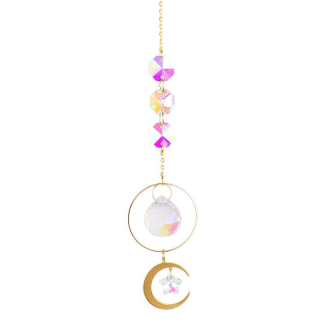Metallic Hoop Moon Sun Wind Chimes K9 Crystal Prisms Hanging Sun-catcher Rainbow Chaser Window Curtains Pendant Home Decor Gifts For Wall Hanging Decor Room Home Photography Prop