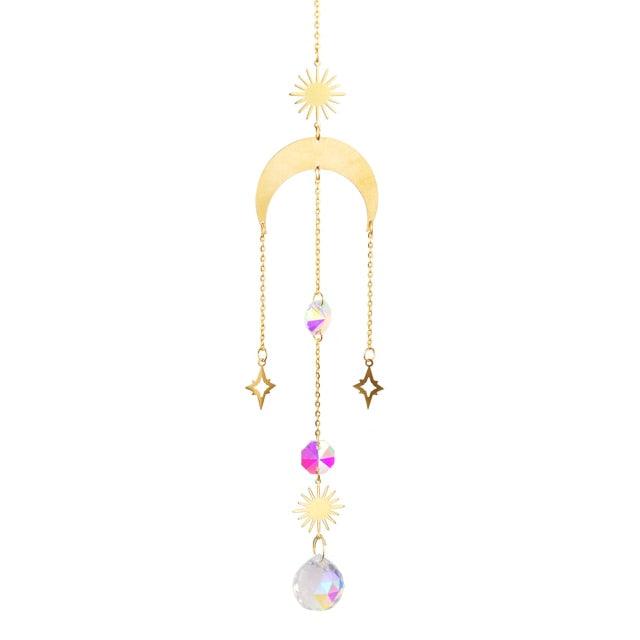 Metallic Hoop Moon Sun Wind Chimes K9 Crystal Prisms Hanging Sun-catcher Rainbow Chaser Window Curtains Pendant Home Decor Gifts For Wall Hanging Decor Room Home Photography Prop