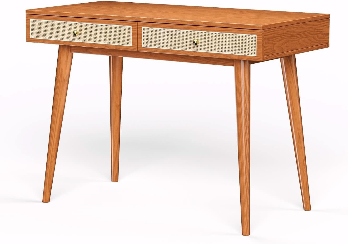 Mid Century Modern Solid Wood Desk With Drawers 45 Inch Rattan Writing Desk