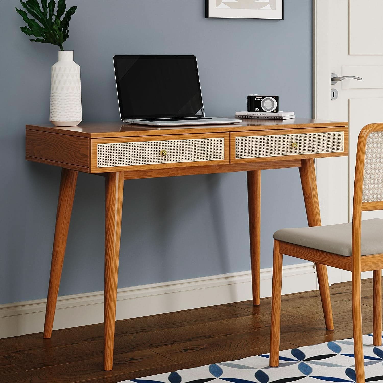 Mid Century Modern Solid Wood Desk With Drawers 45 Inch Rattan Writing Desk