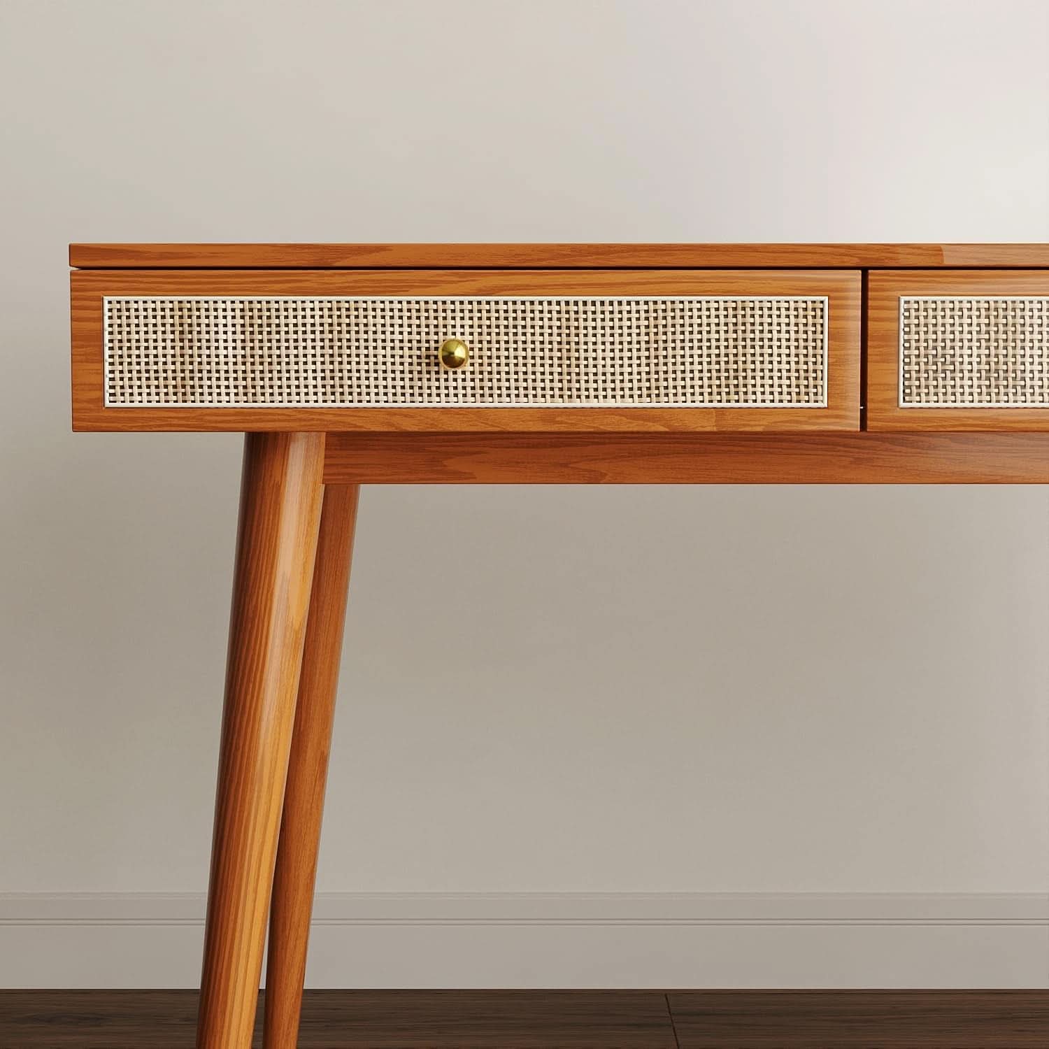 Mid Century Modern Solid Wood Desk With Drawers 45 Inch Rattan Writing Desk