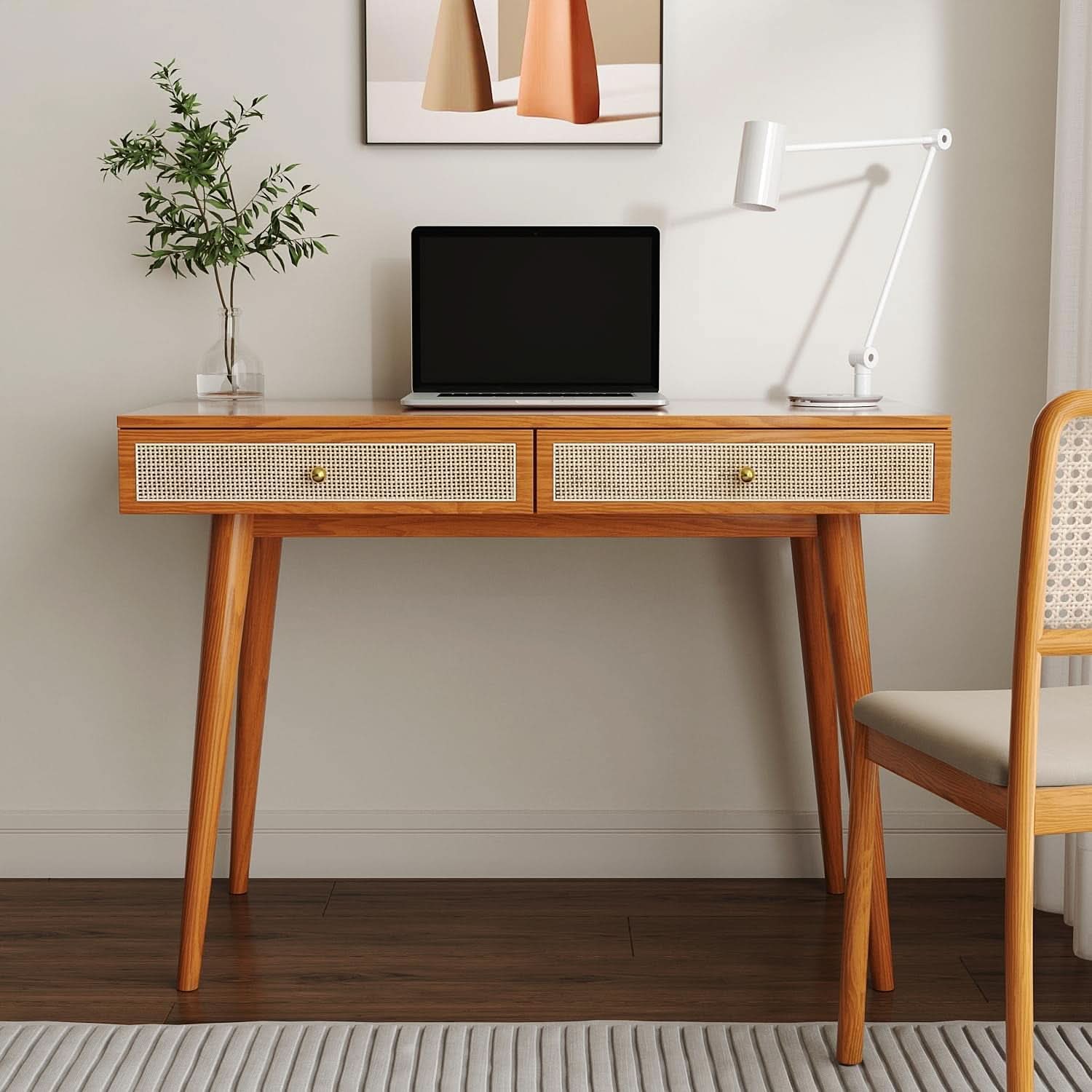 Mid Century Modern Solid Wood Desk With Drawers 45 Inch Rattan Writing Desk