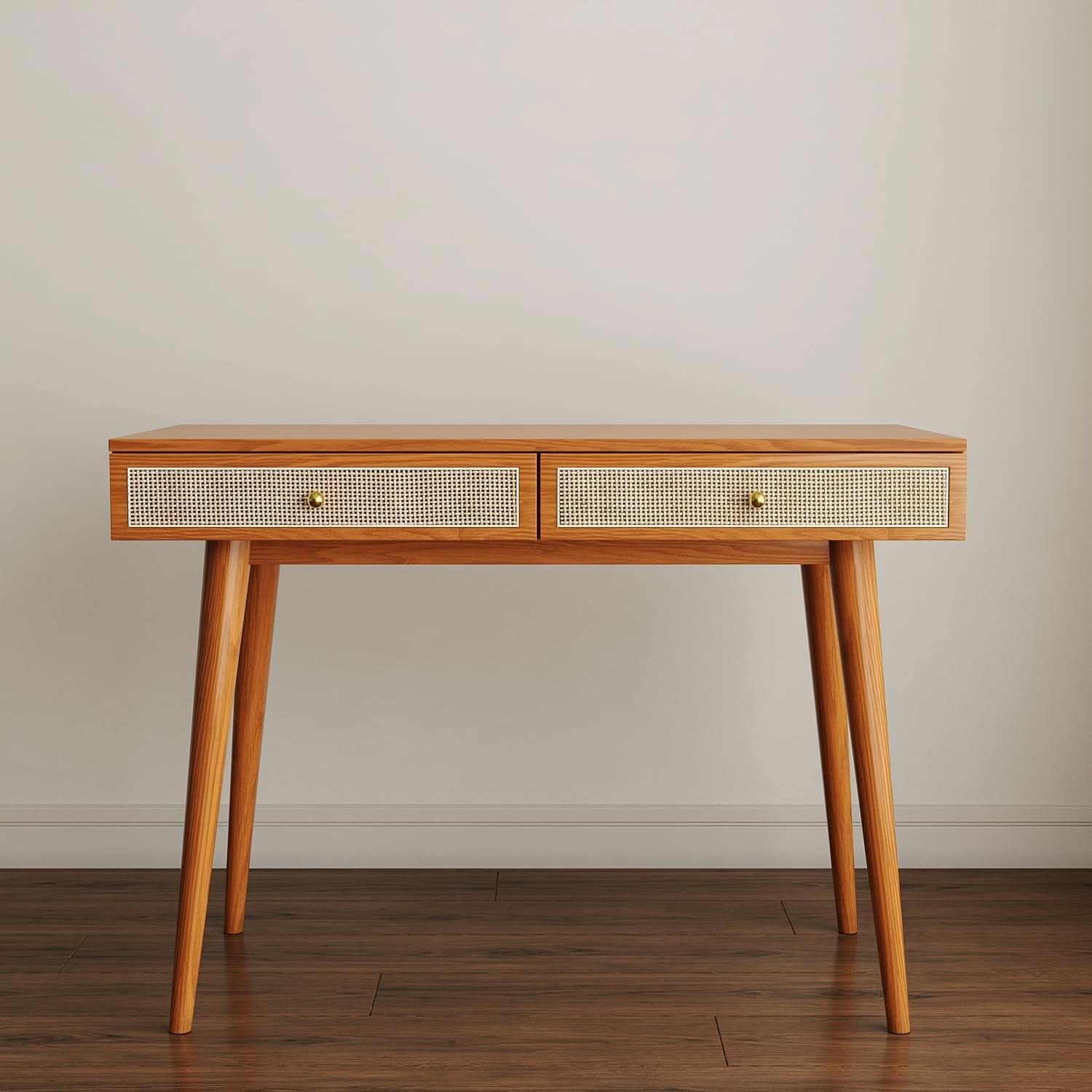 Mid Century Modern Solid Wood Desk With Drawers 45 Inch Rattan Writing Desk