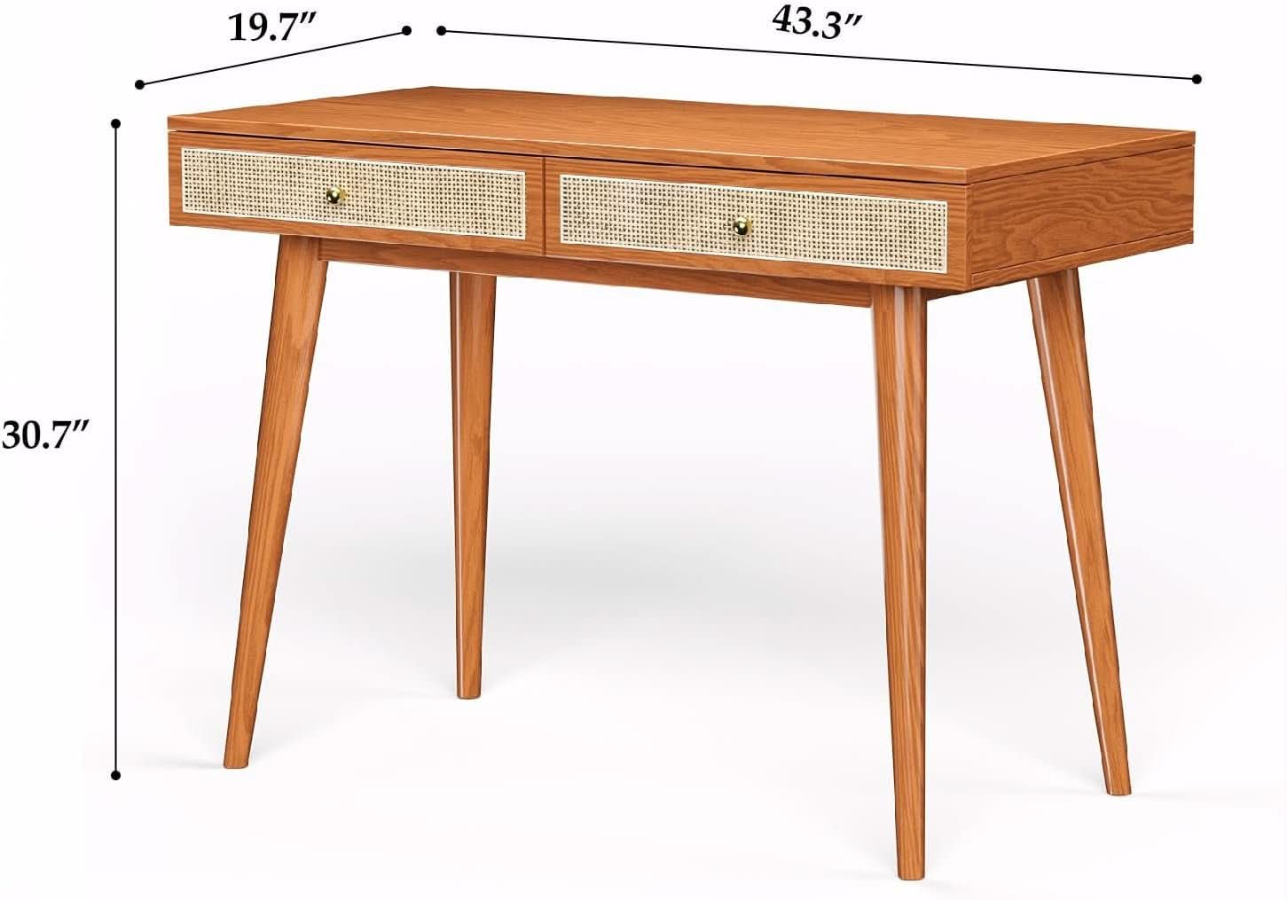 Mid Century Modern Solid Wood Desk With Drawers 45 Inch Rattan Writing Desk