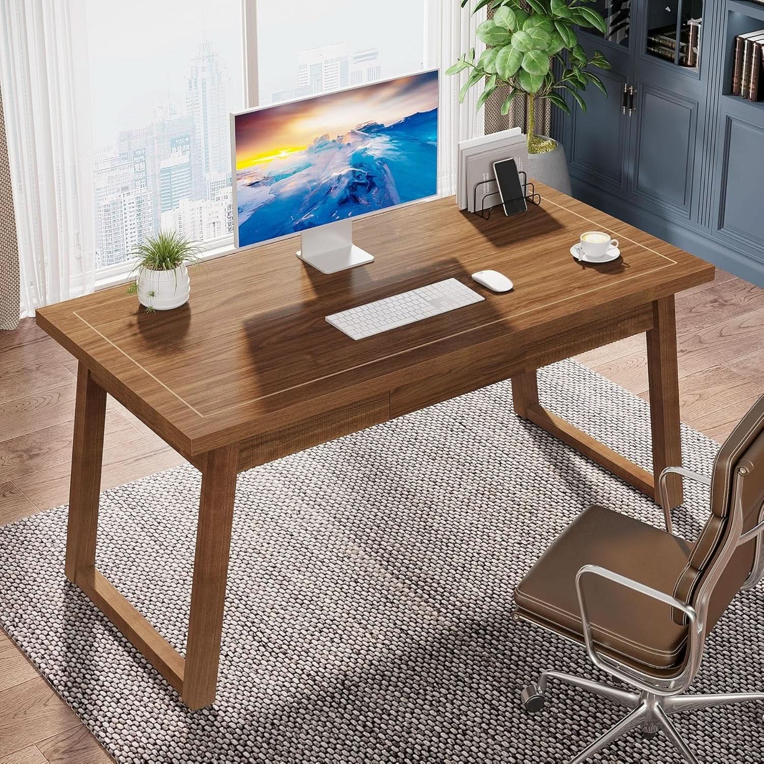Mid-Century Modern Wooden Desk with Drawer and Stability