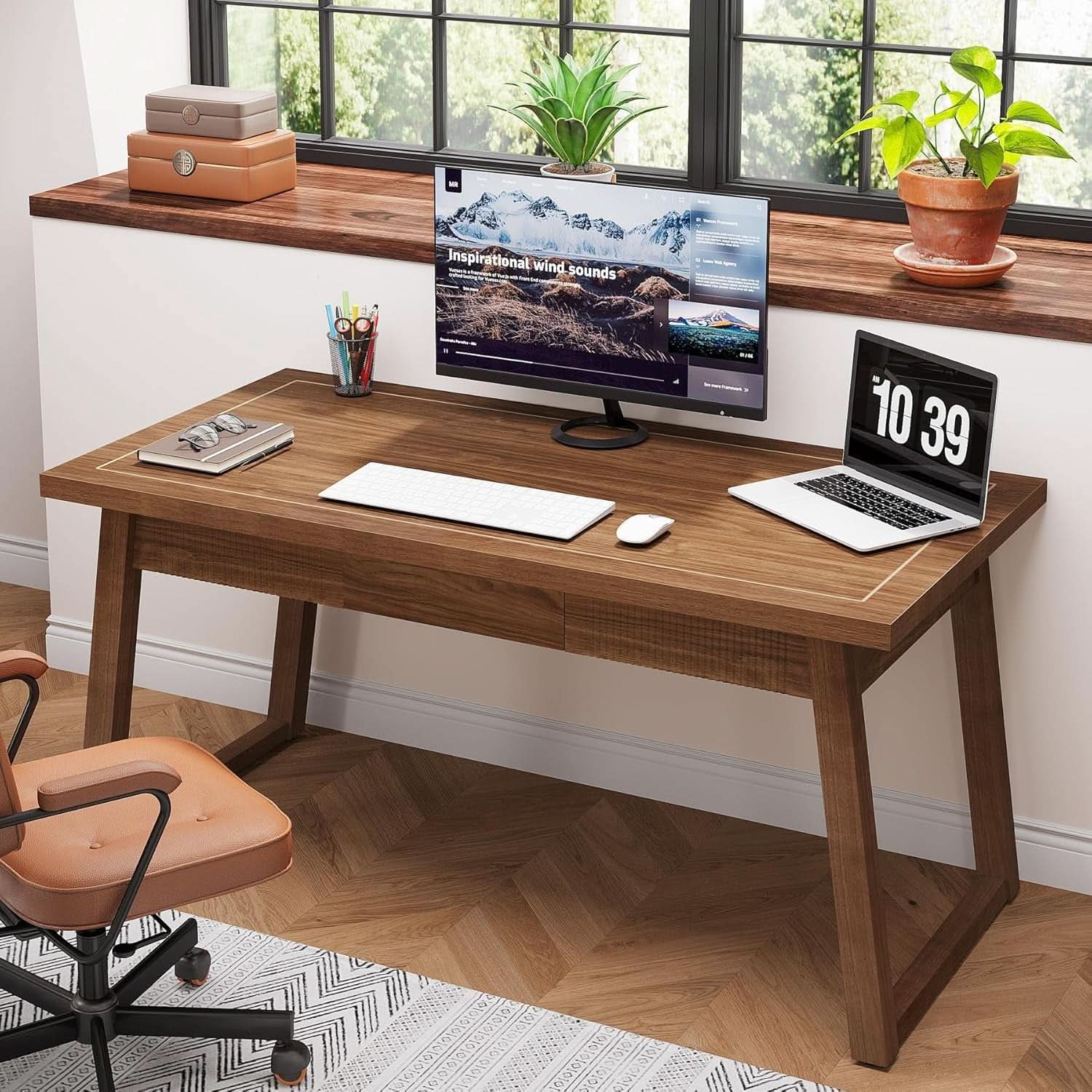 Mid-Century Modern Wooden Desk with Drawer and Stability