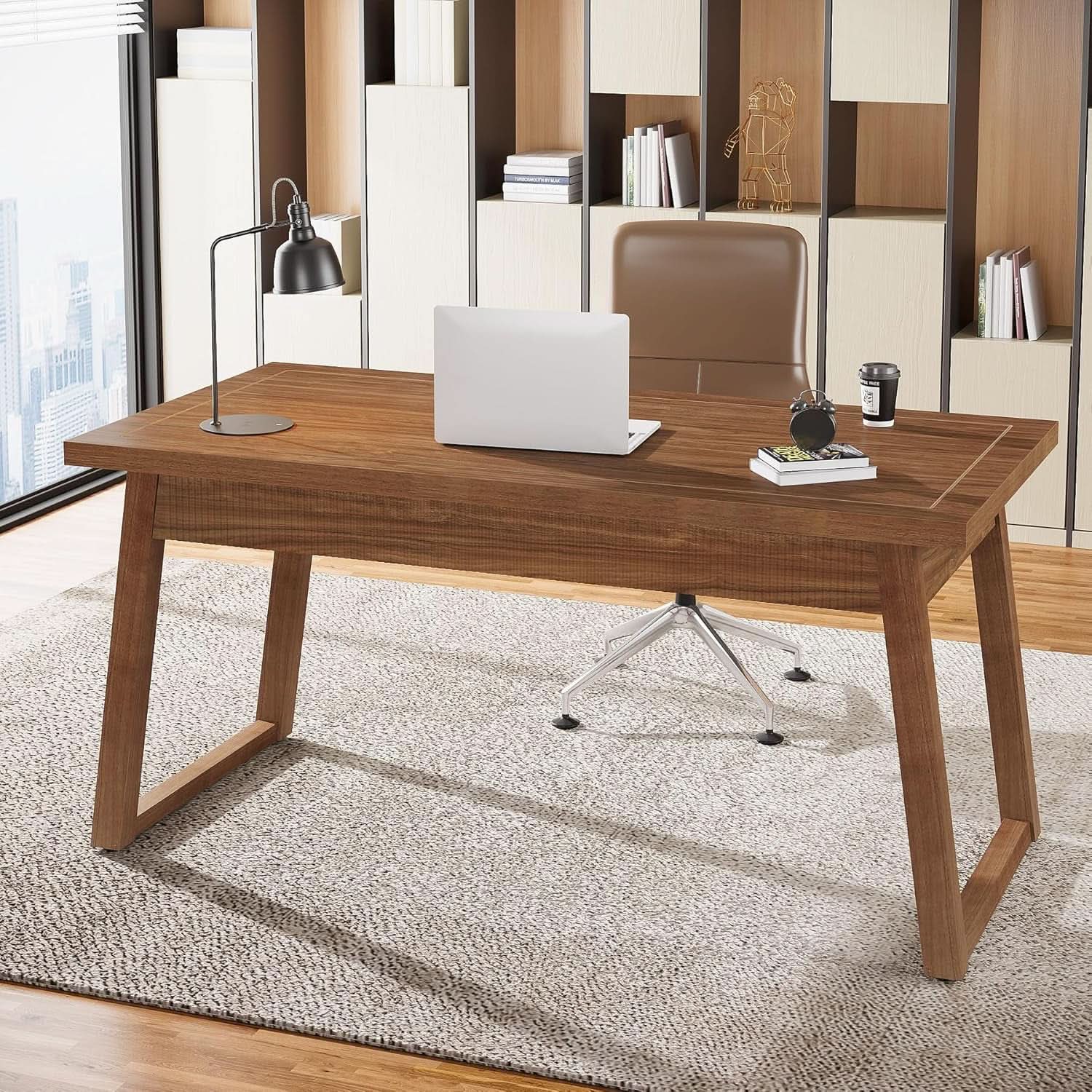 Mid-Century Modern Wooden Desk with Drawer and Stability