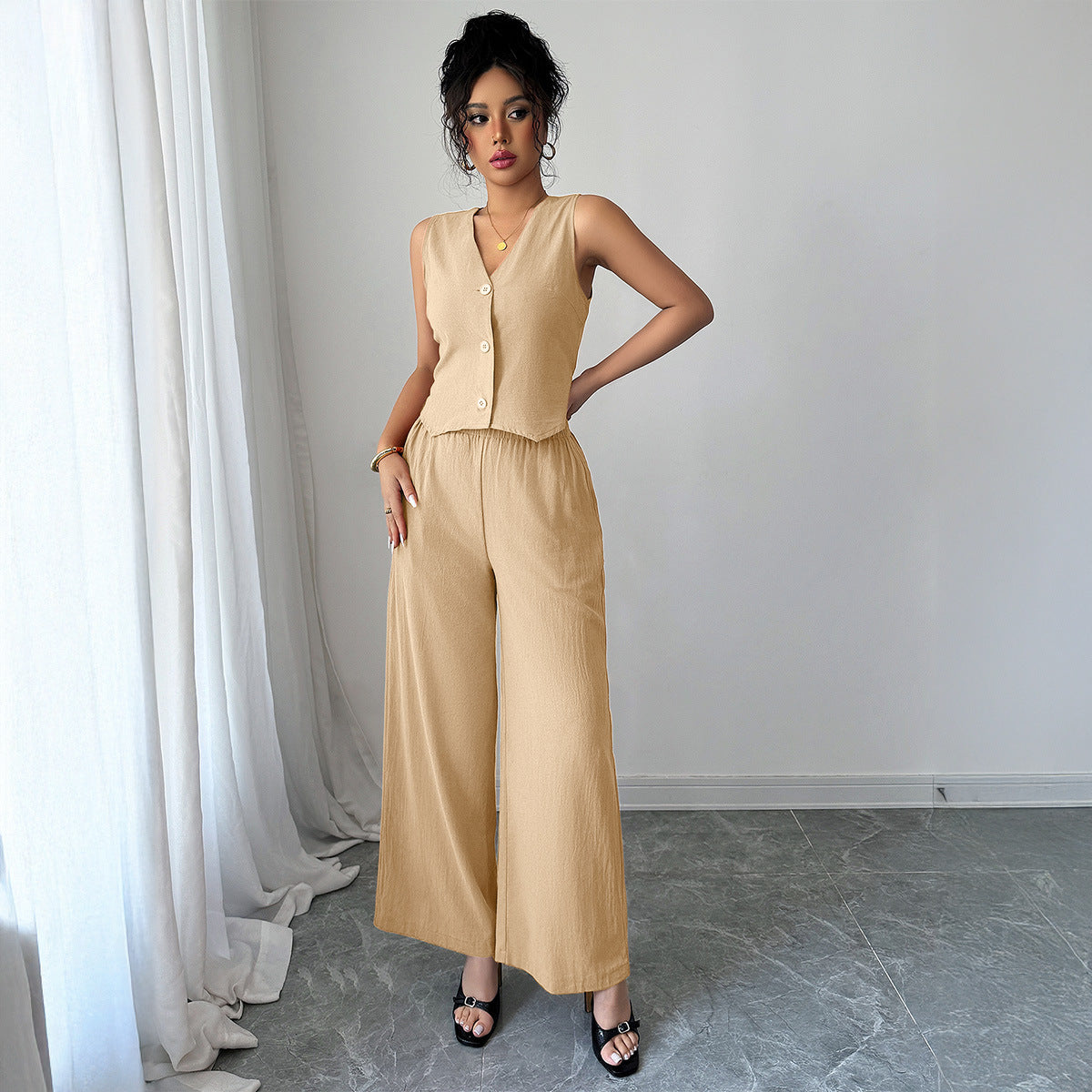 Minimally Sleeveless T-shirt Wide Leg Pants Two Piece Set