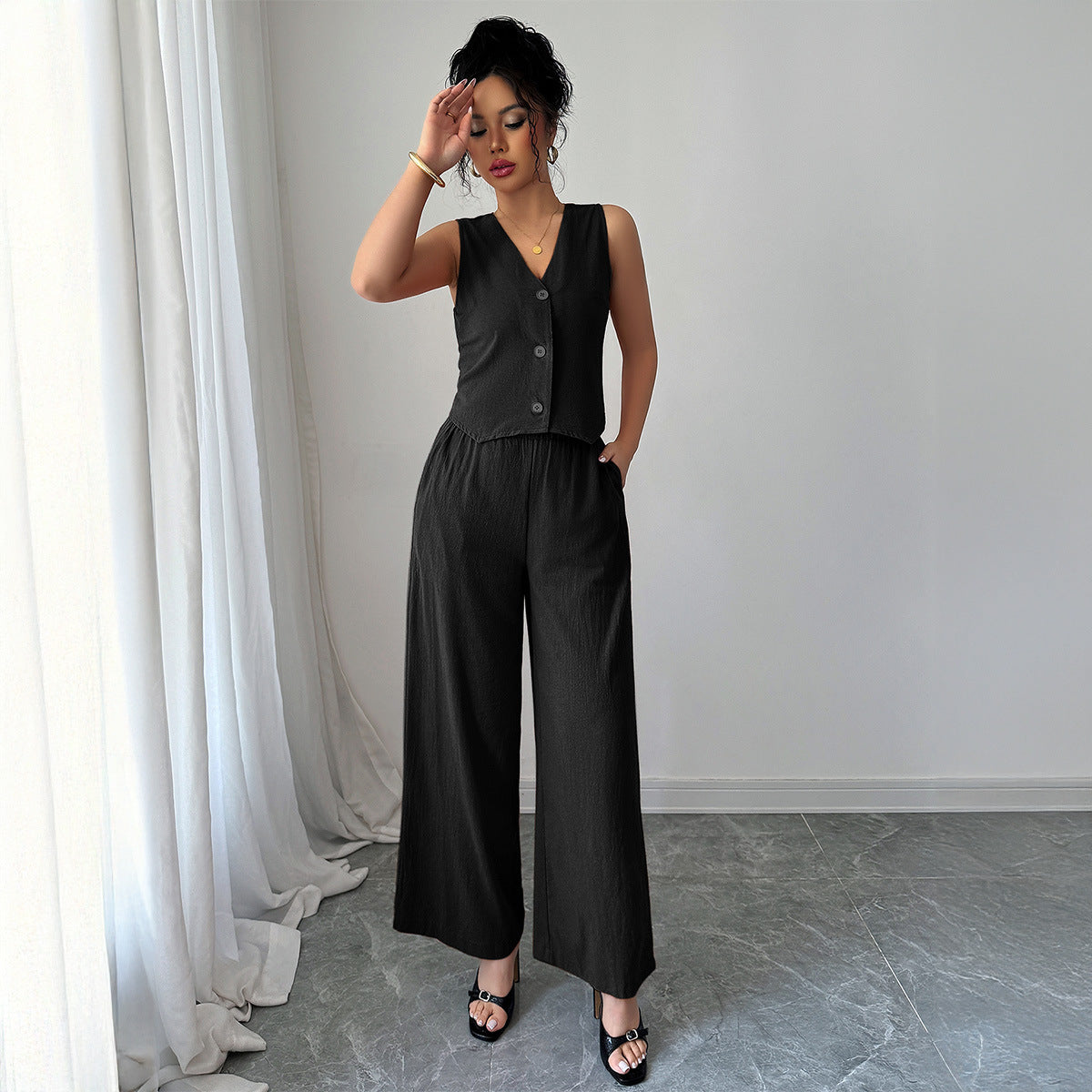 Minimally Sleeveless T-shirt Wide Leg Pants Two Piece Set