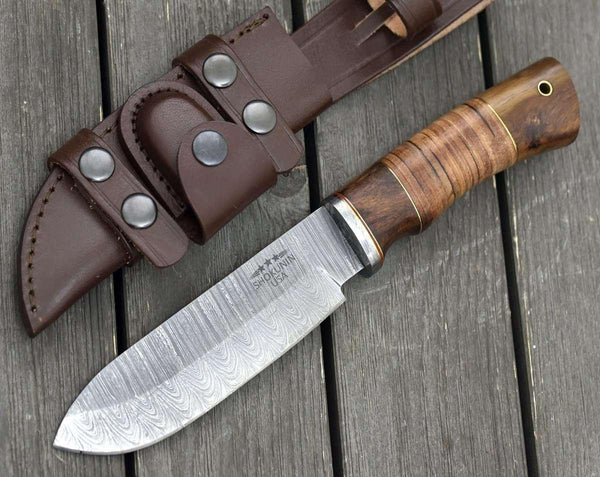 Miracle Damascus Hunting Knife with Stacked Leather Handle - Gifts for You 'n Me