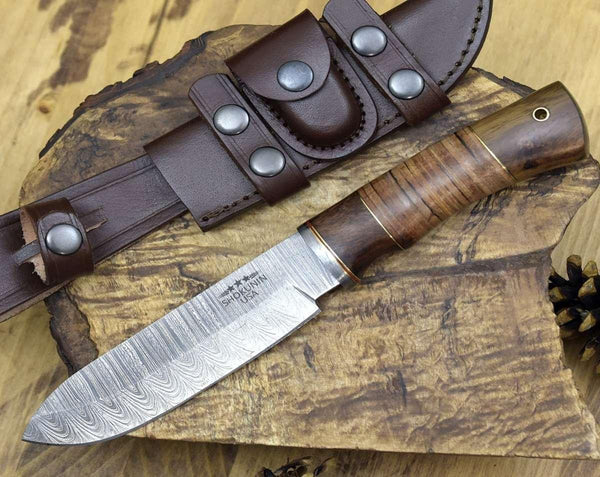 Miracle Damascus Hunting Knife with Stacked Leather Handle - Gifts for You 'n Me