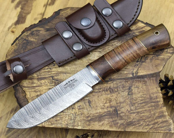Miracle Damascus Hunting Knife with Stacked Leather Handle