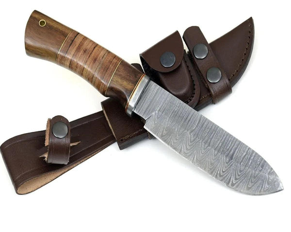 Miracle Damascus Hunting Knife with Stacked Leather Handle - Gifts for You 'n Me