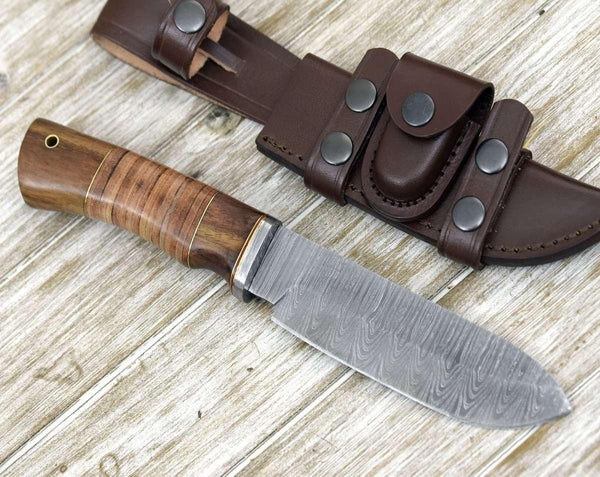 Miracle Damascus Hunting Knife with Stacked Leather Handle - Gifts for You 'n Me