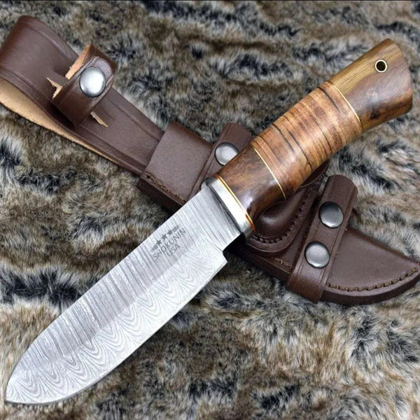 Miracle Damascus Hunting Knife with Stacked Leather Handle - Gifts for You 'n Me