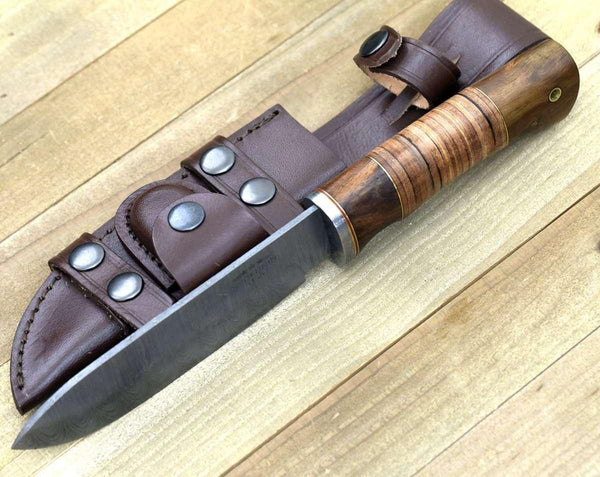 Miracle Damascus Hunting Knife with Stacked Leather Handle - Gifts for You 'n Me