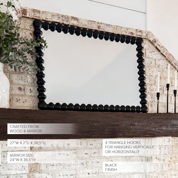 Black Beaded Carved Wood Wall Mirror