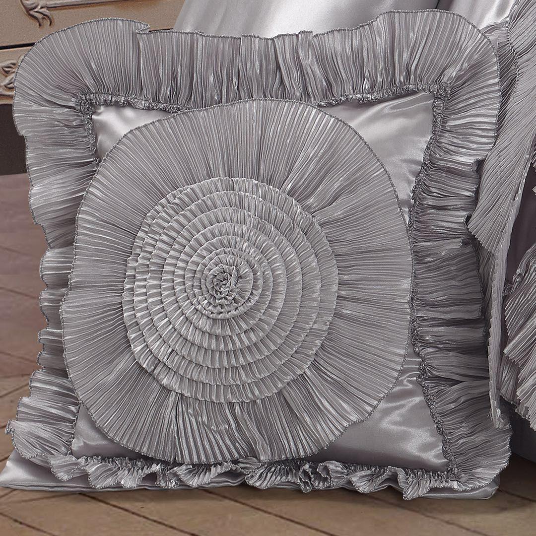 Tache Satin Ruffle Floral Lace Silver Rose Petals Comforter Set (HYZ102)