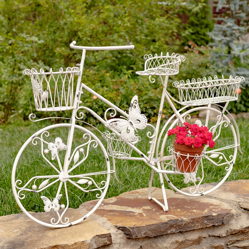 LARGE IRON BUTTERFLY BICYCLE PLANT STAND WITH 5 BASKETS IN WHITE 