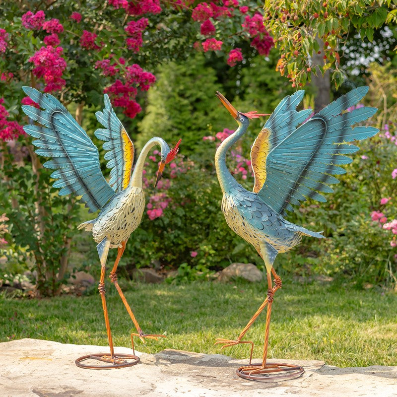 Set of 2 Small Iron Dancing Cranes Sculpture