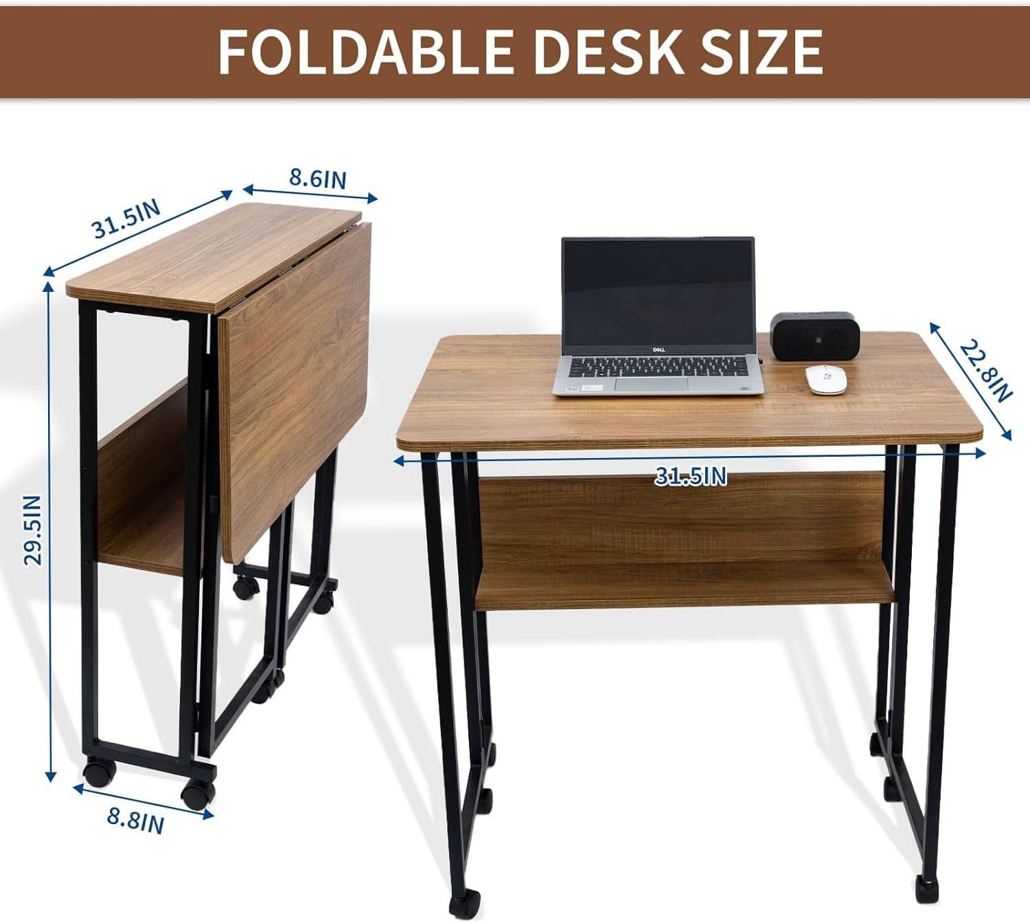 Brown Foldable Computer Desk With Wheels And Storage For Home Office