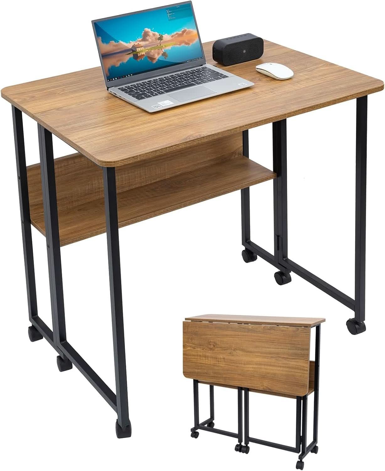 Brown Foldable Computer Desk With Wheels And Storage For Home Office