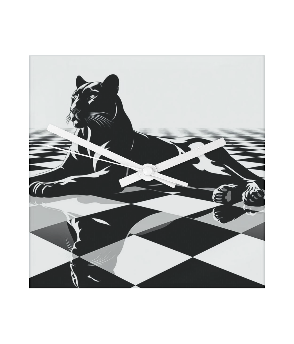 Black Panther on Black and White Glass Square Wall Clock - 30cm