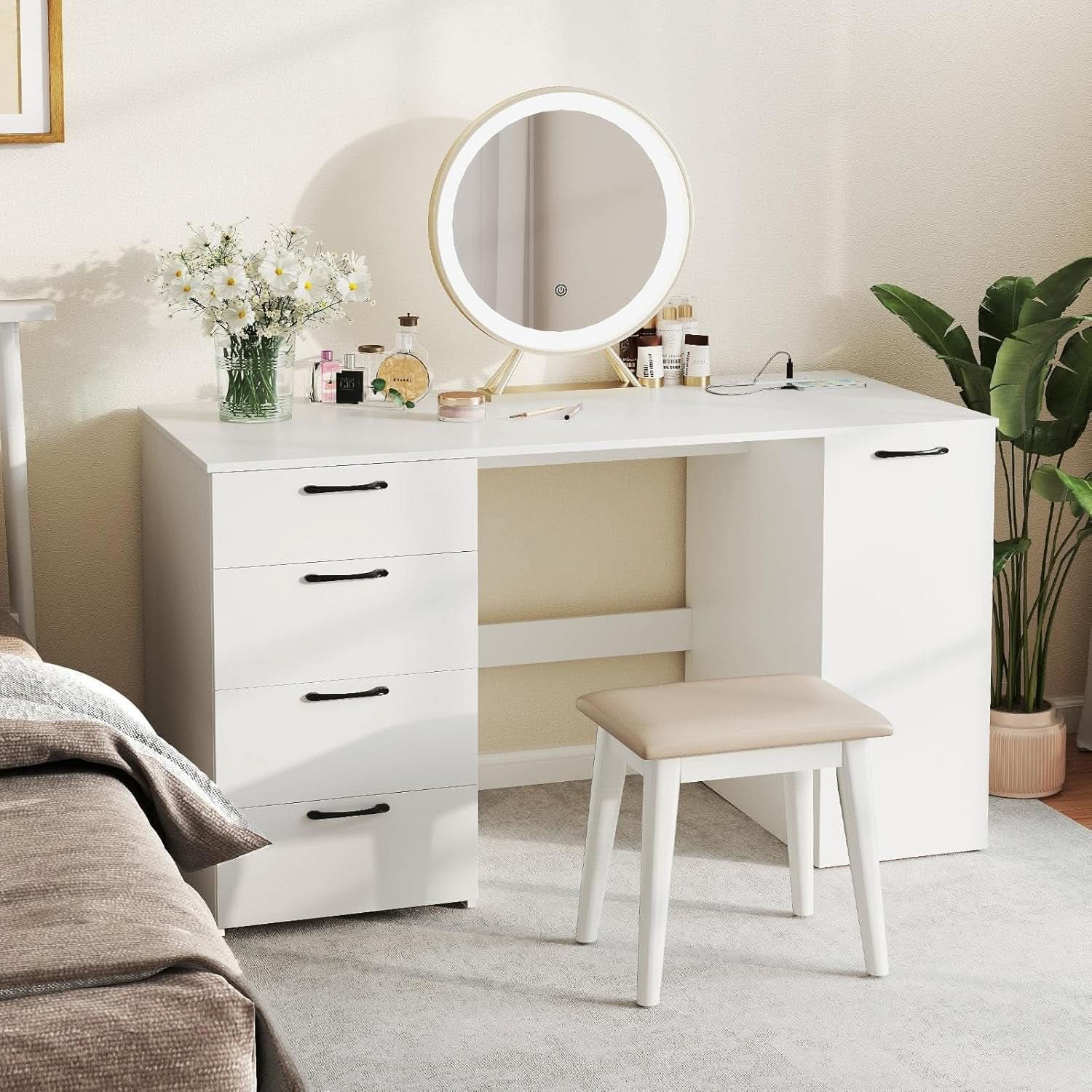 Modern 53 Inch White Computer Desk with Charging Station
