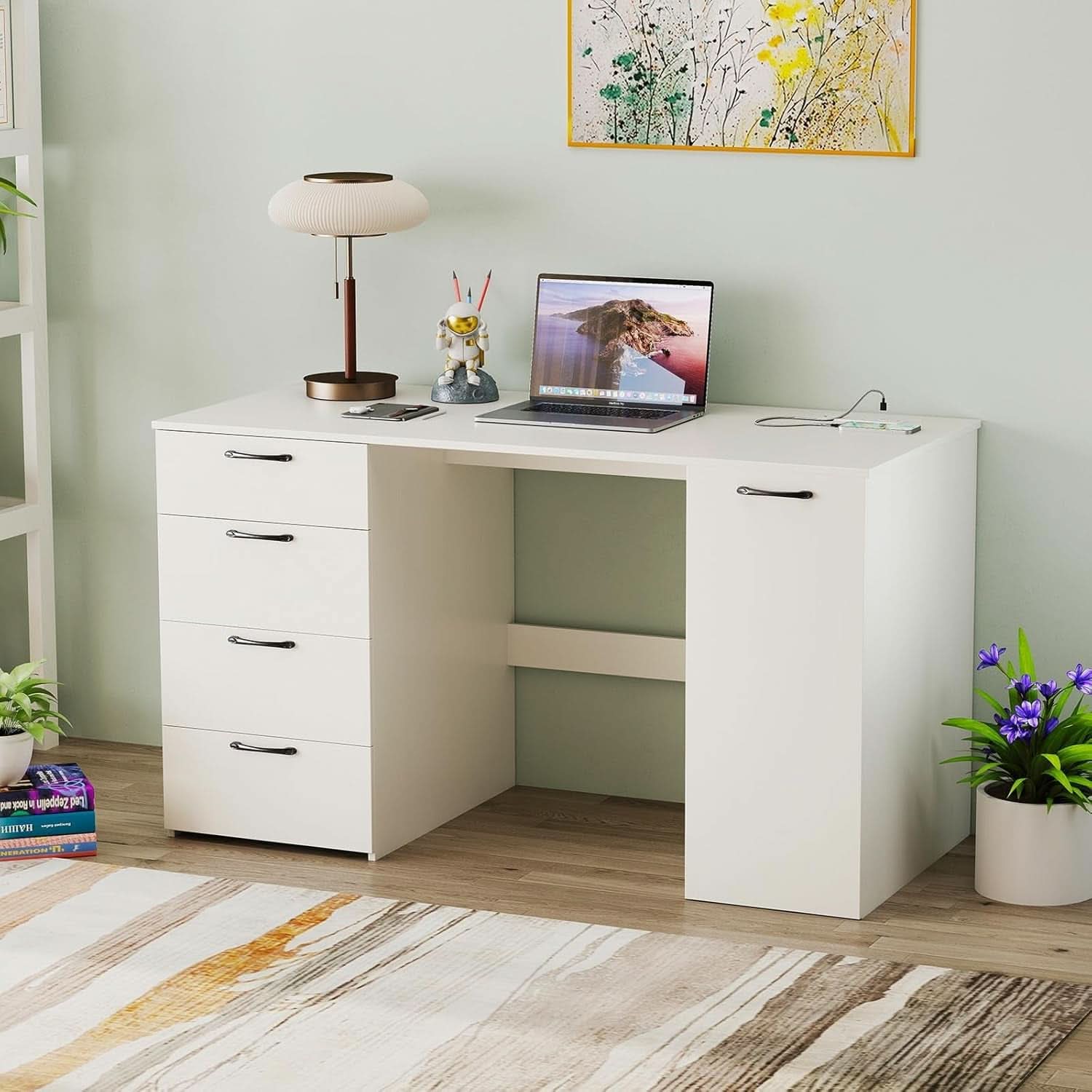 Modern 53 Inch White Computer Desk with Charging Station