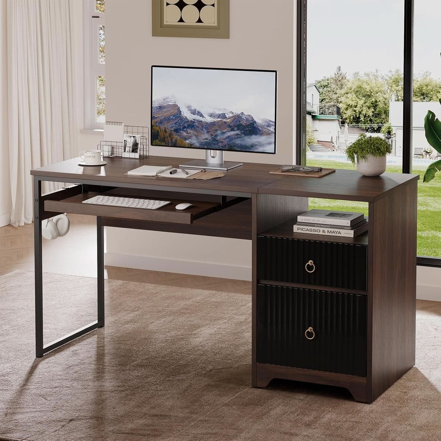 Modern 55 Inch Computer Desk with Storage and Tray