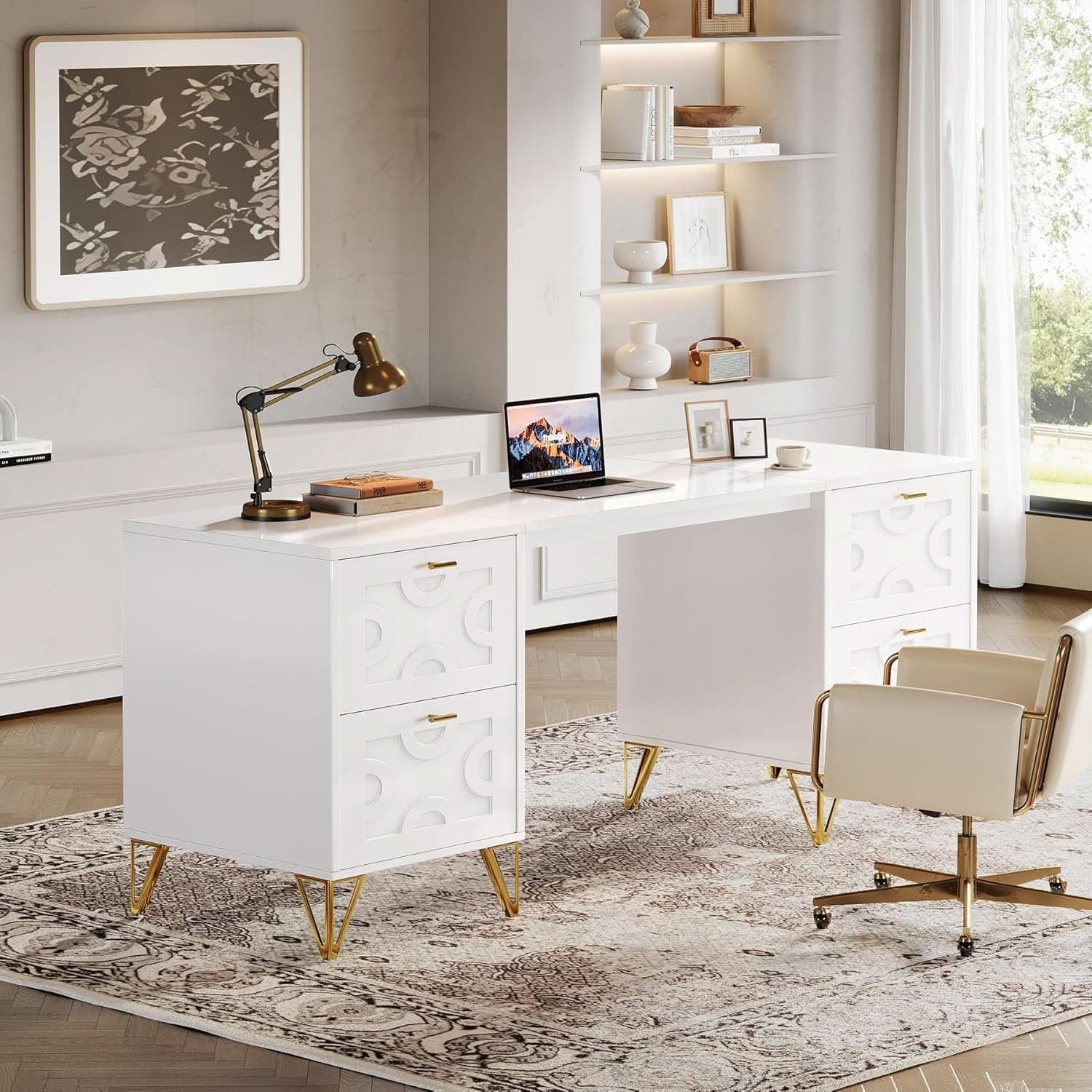 Modern 59 Inch White Executive Computer Desk with Drawers