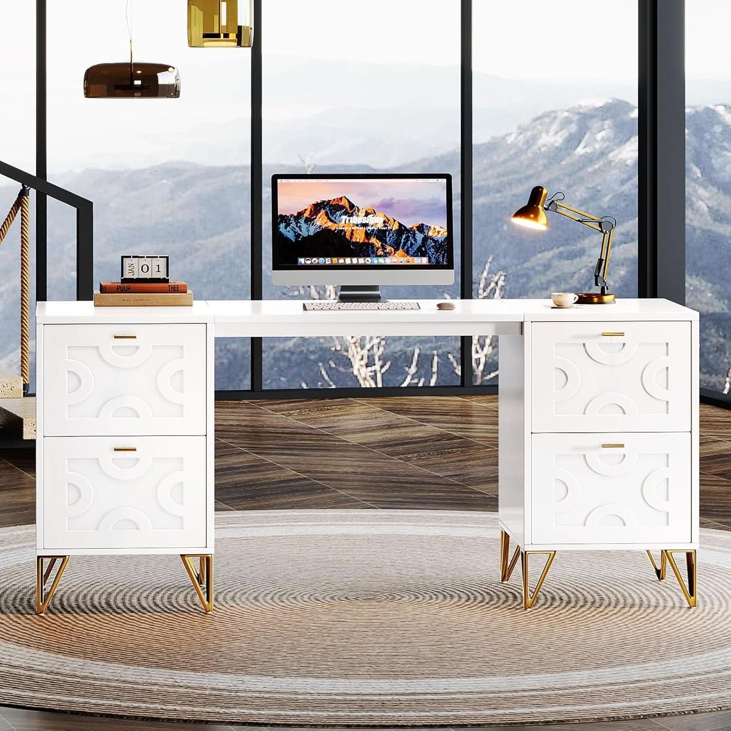 Modern 59 Inch White Executive Computer Desk with Drawers
