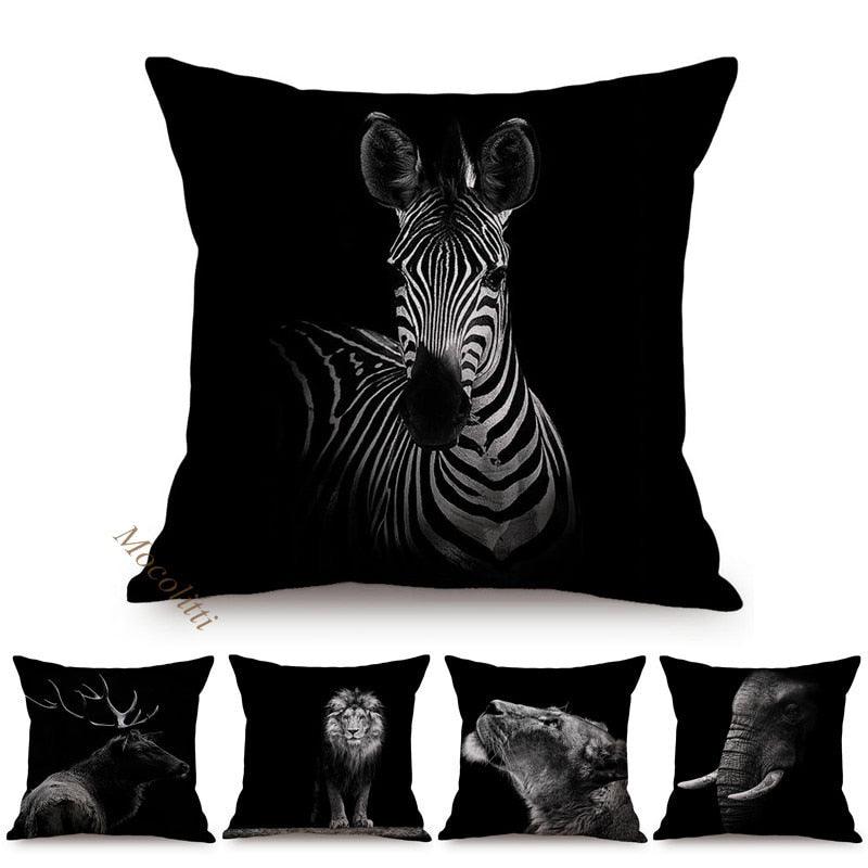 Modern Black And White Animals Portrait Photography Of Lion Zebra Elephant Tiger Pattern Sofa Pillow Cover Home Decor Square Cushions Cover 45x45cm