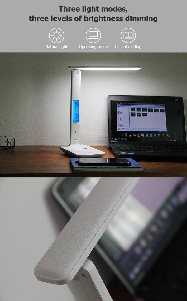 Modern Business Led Office Desk Lamp Touch Dimmable Foldable With Calendar Temperature Alarm Clock table Reading Light Decorative Table Lamp Cute Study Lamps for Bedroom Décor