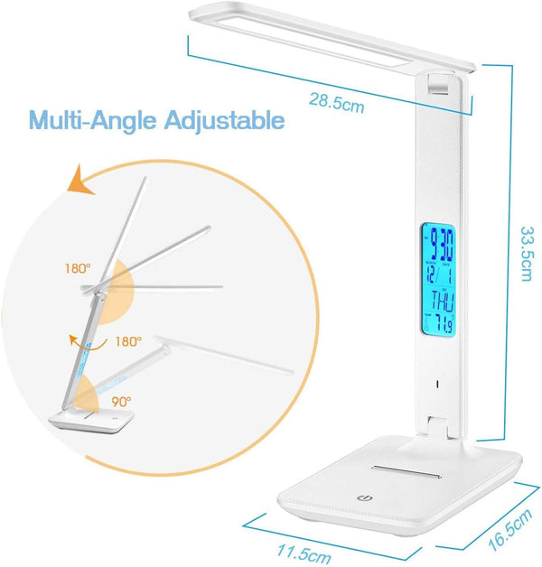 Modern Business Led Office Desk Lamp Touch Dimmable Foldable With Calendar Temperature Alarm Clock table Reading Light Decorative Table Lamp Cute Study Lamps for Bedroom Décor