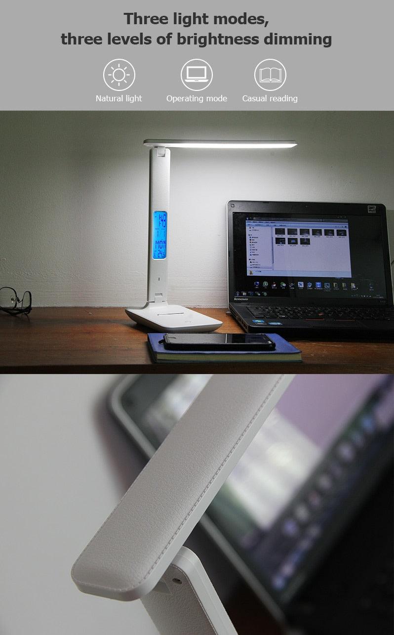 Modern Business Led Office Desk Lamp Touch Dimmable Foldable With Calendar Temperature Alarm Clock table Reading Light Decorative Table Lamp Cute Study Lamps for Bedroom Décor