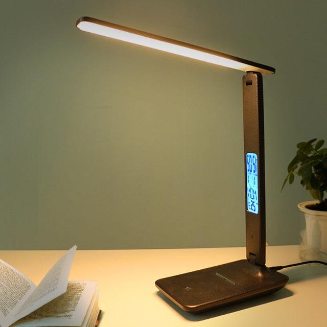 Modern Business Led Office Desk Lamp Touch Dimmable Foldable With Calendar Temperature Alarm Clock table Reading Light Decorative Table Lamp Cute Study Lamps for Bedroom Décor