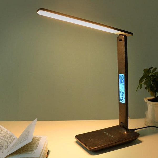 Modern Business Led Office Desk Lamp Touch Dimmable Foldable With Calendar Temperature Alarm Clock table Reading Light Decorative Table Lamp Cute Study Lamps for Bedroom Décor
