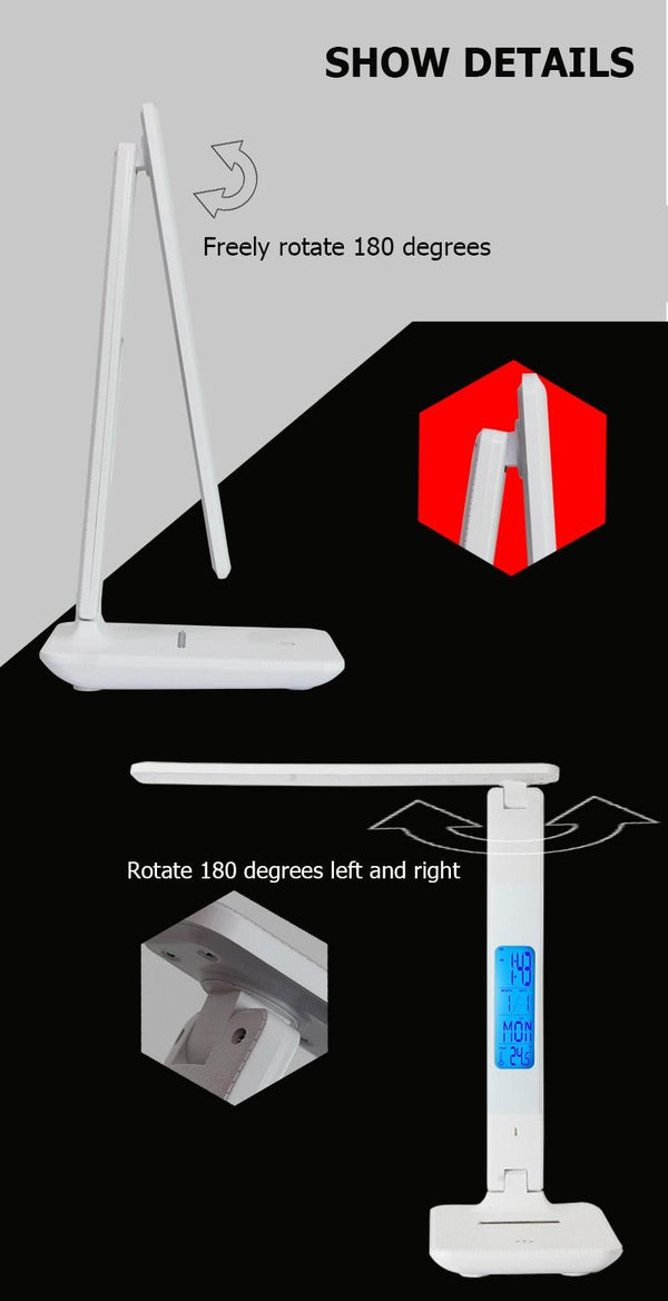 Modern Business Led Office Desk Lamp Touch Dimmable Foldable With Calendar Temperature Alarm Clock table Reading Light Decorative Table Lamp Cute Study Lamps for Bedroom Décor