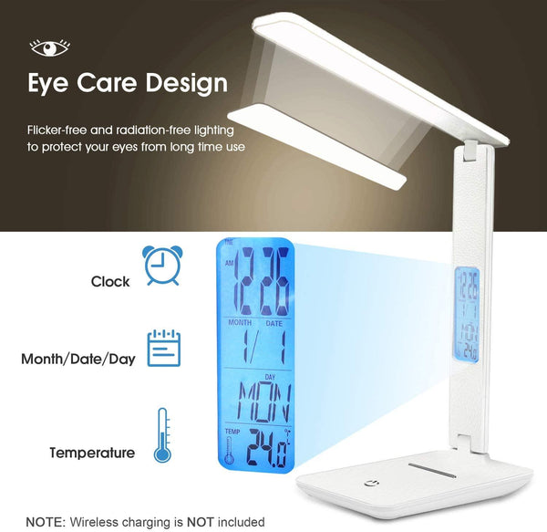 Modern Business Led Office Desk Lamp Touch Dimmable Foldable With Calendar Temperature Alarm Clock table Reading Light Decorative Table Lamp Cute Study Lamps for Bedroom Décor