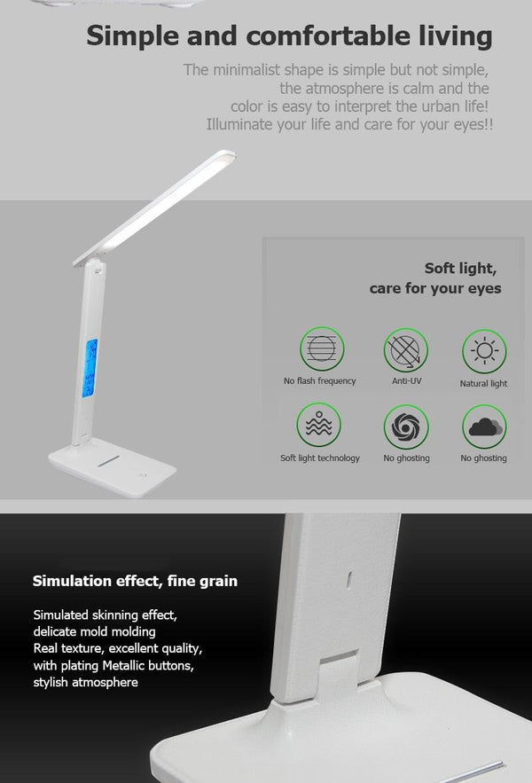 Modern Business Led Office Desk Lamp Touch Dimmable Foldable With Calendar Temperature Alarm Clock table Reading Light Decorative Table Lamp Cute Study Lamps for Bedroom Décor