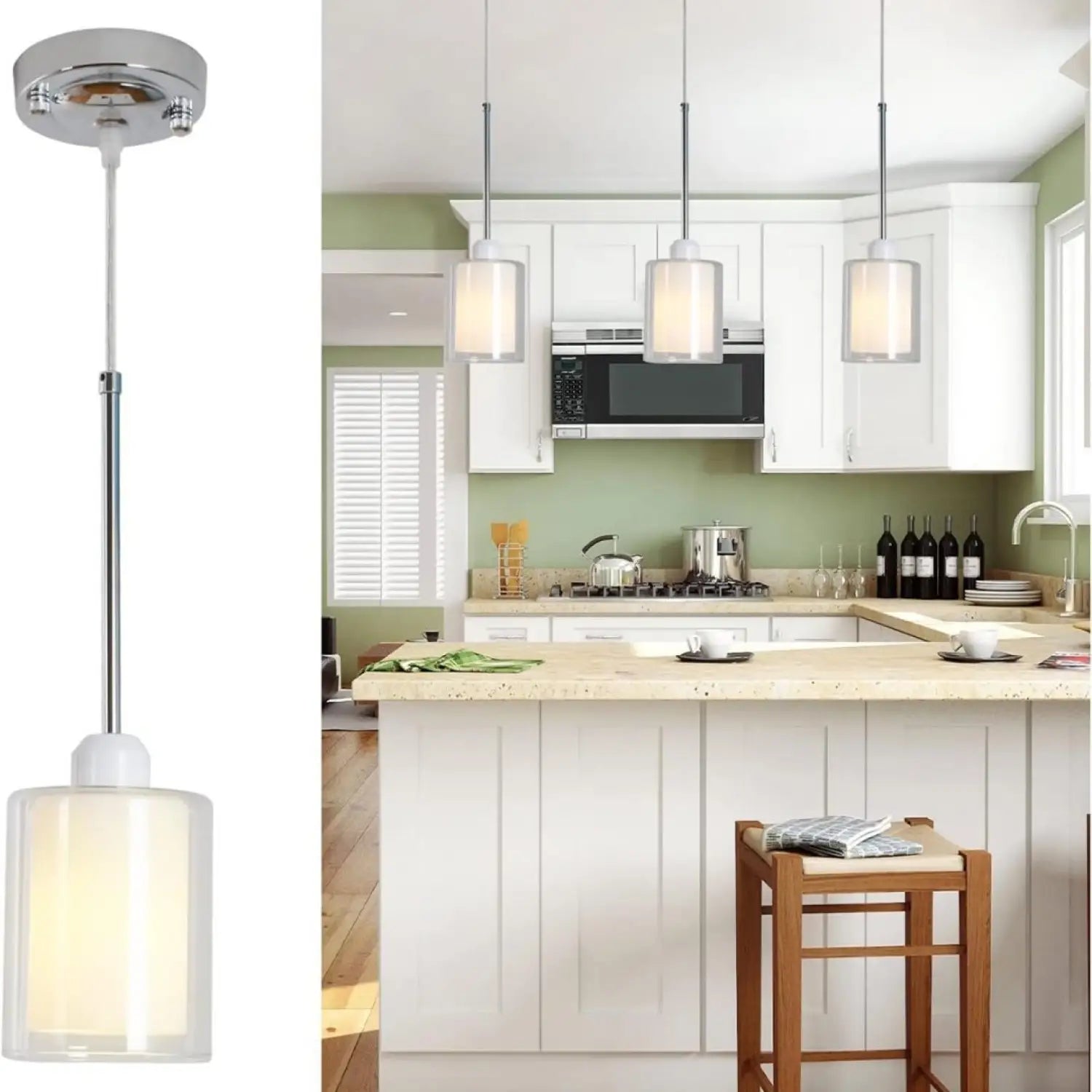 Modern Glass Pendant Light with Chrome Nickel Finish for Kitchen Island
