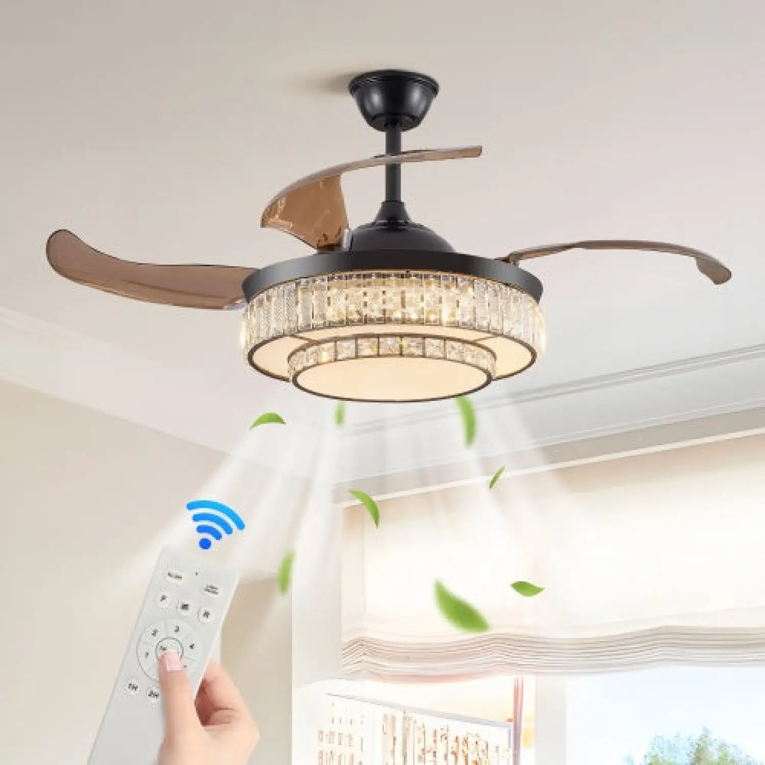 Modern Indoor Ceiling Fan with Retractable LED Light, Remote, and 4 Blades