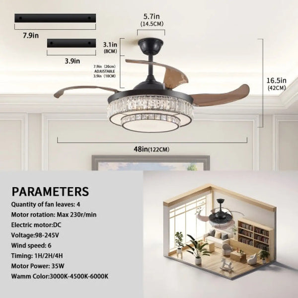 Modern Indoor Ceiling Fan with Retractable LED Light, Remote, and 4 Blades