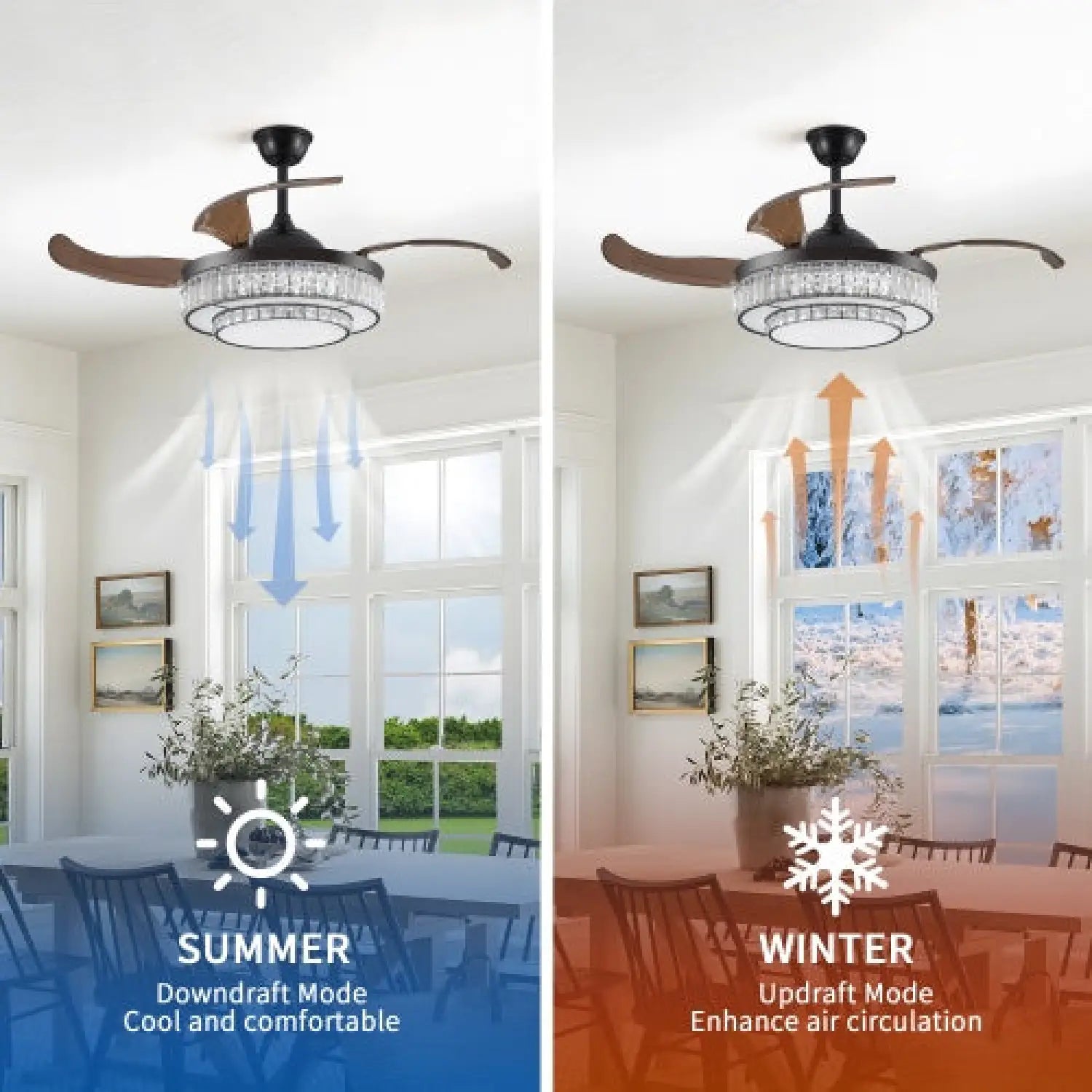 Modern Indoor Ceiling Fan with Retractable LED Light, Remote, and 4 Blades