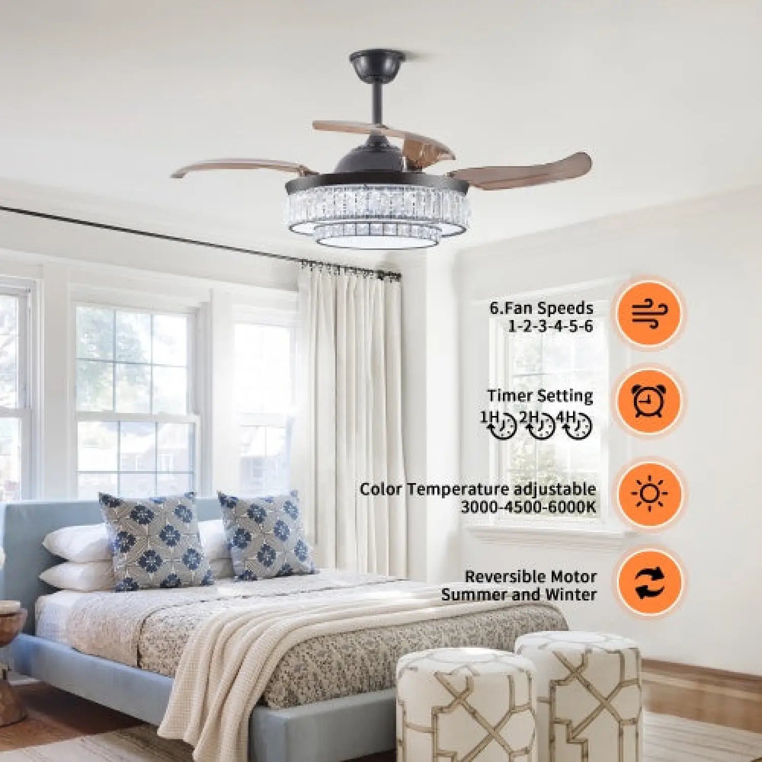 Modern Indoor Ceiling Fan with Retractable LED Light, Remote, and 4 Blades